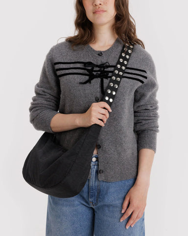 Popper Strap Medium Nylon Crescent Bag - Black