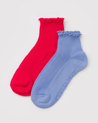 Lettuce Edge Sock Set of 2 - Light Blue & Red